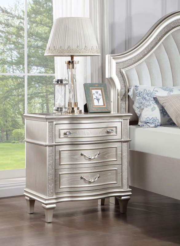 Nightstand, 2-Drawer Metallic with Carved Molding, Hollywood Regency