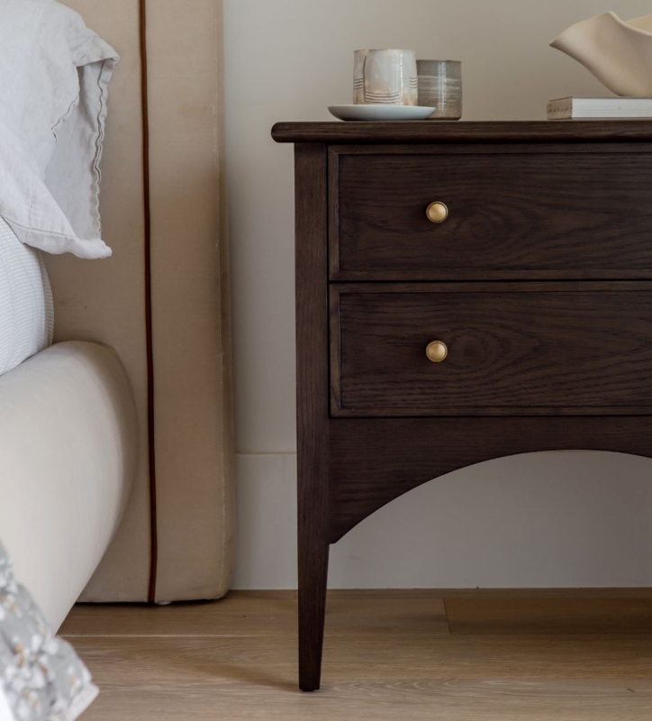Nightstand 3-Drawer Gold Bar Pulls Tapered Feet Modern Bedside Table