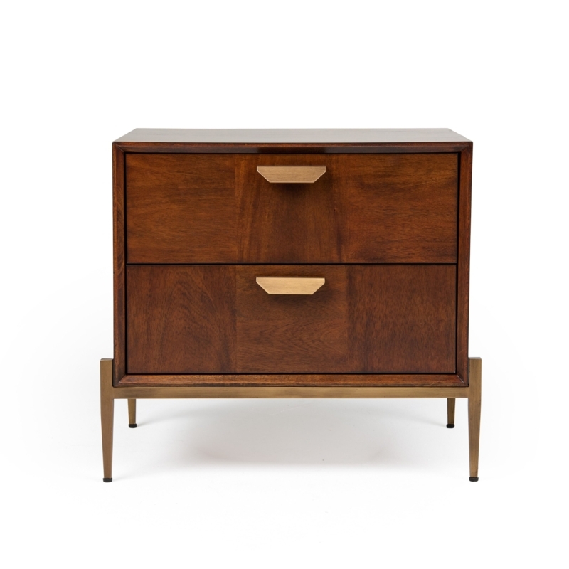Nightstand Acacia Wood Grain Brass Sled Base Mid Century