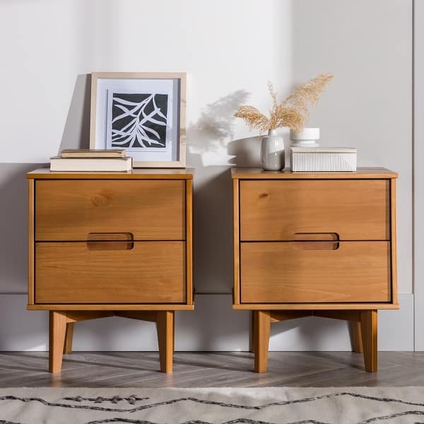 Nightstand Acorn Finish Mid-Century Tapered Legs Cutout Handles