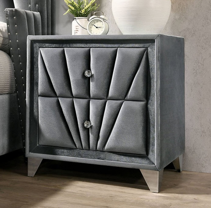 Nightstand Art Deco Ivory Upholstered Rounded Silhouette Gold Pulls