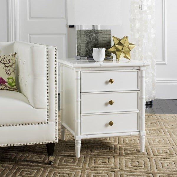 Nightstand Bamboo Detailing White Finish Three Drawer Bedroom Storage