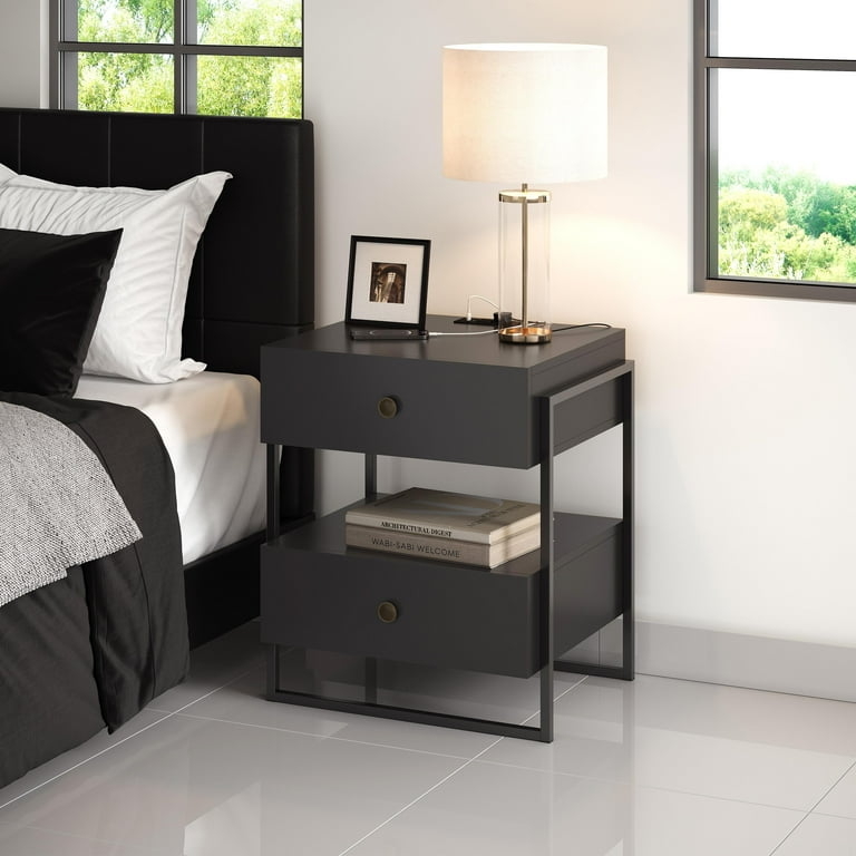 Nightstand: Black Bedside Charging Station with Integrated USB Ports