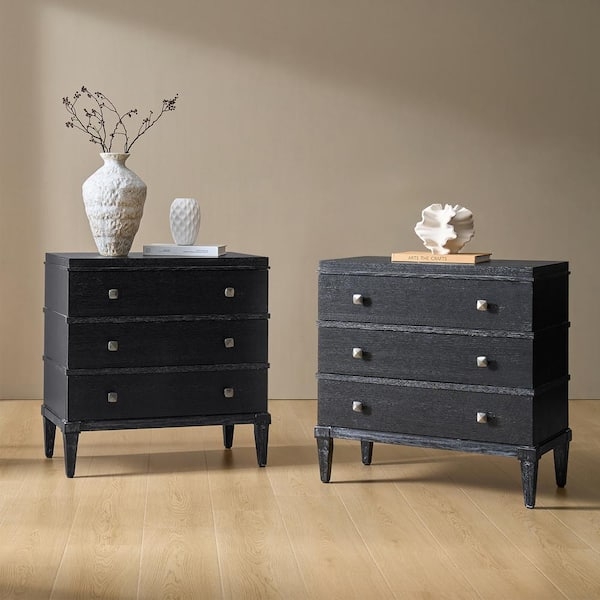 Nightstand Black Finish Gold Hardware Three Drawers Transitional