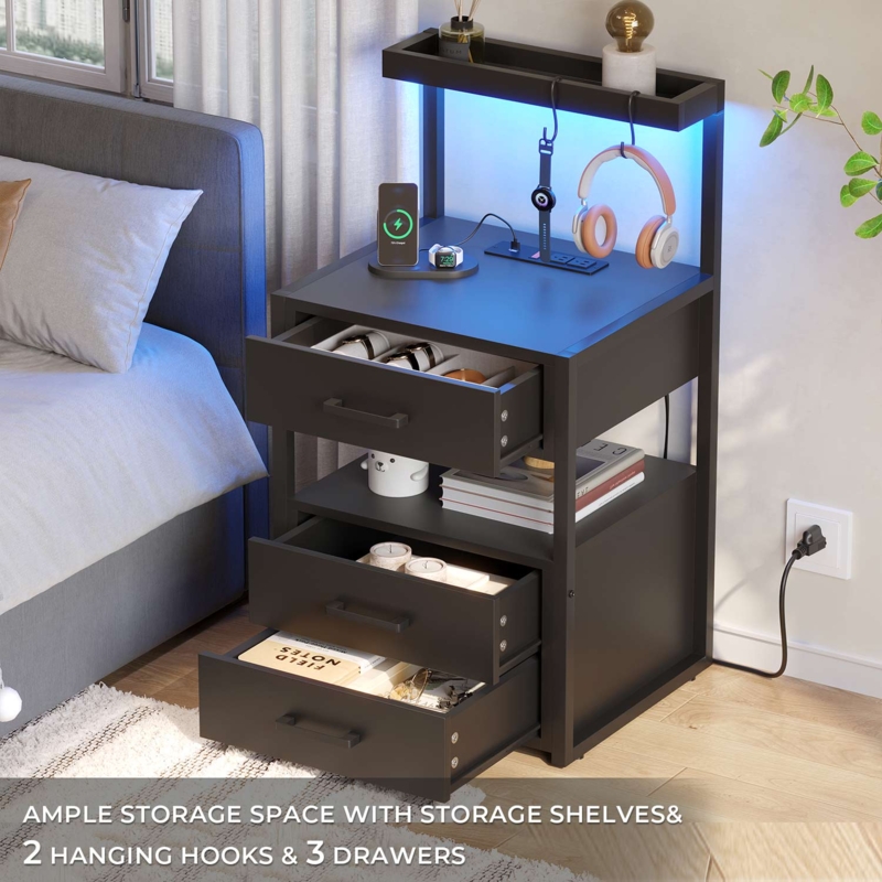 Nightstand Black LED Lighting Built In Outlets Open Shelf Tech Bedside