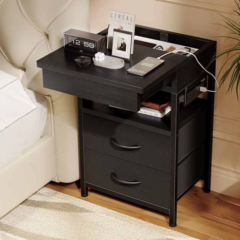 Nightstand Black Sliding Top Hidden Charging Fabric Drawers Industrial