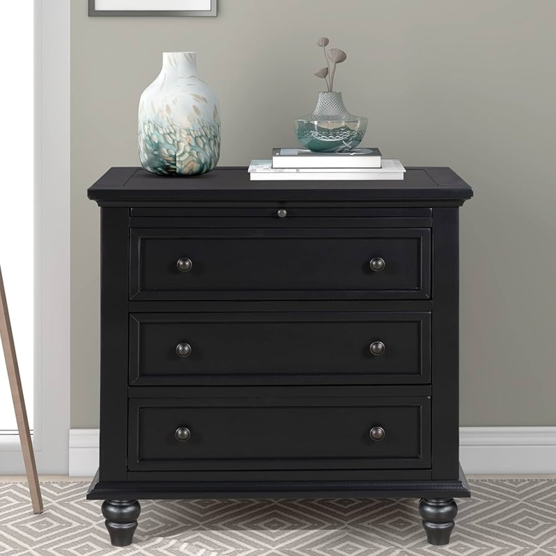 Nightstand, Black With Gold Hardware And Pull-Out Tray