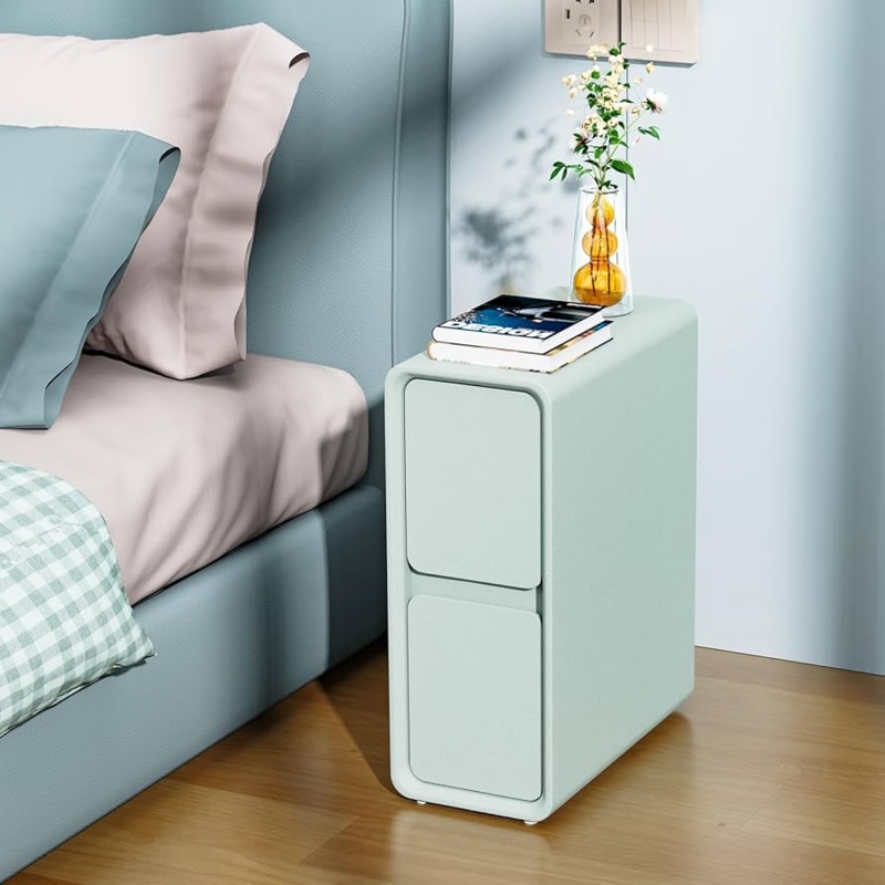 Nightstand Blue Faux Leather Slim Profile Gold Metal Frame