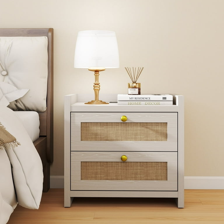 Nightstand Boho Ash Wood Linen Drawer Fronts Built-In Charging