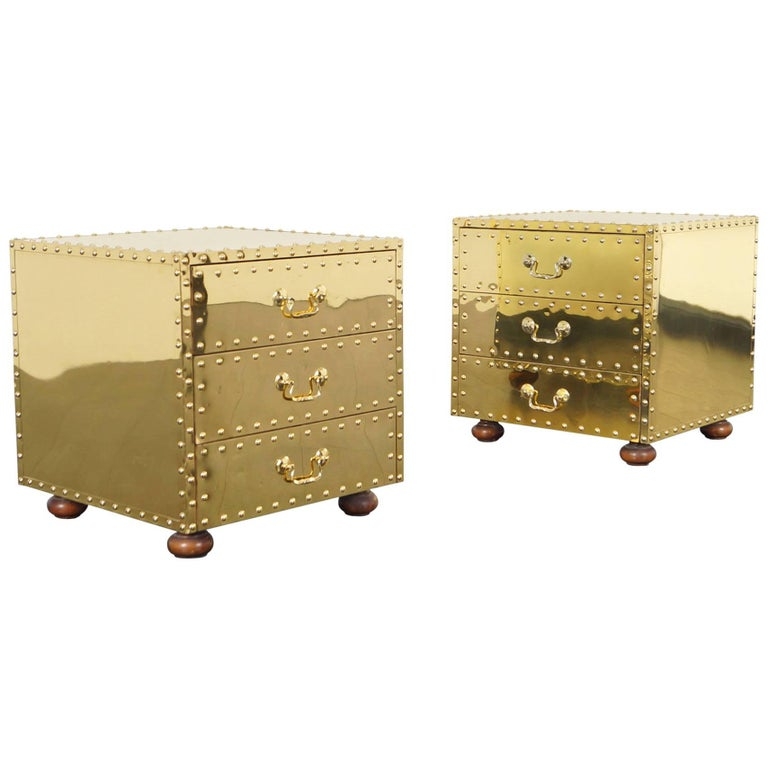 Nightstand Brass Wrapped Patinated Metal Three Drawers Brutalist