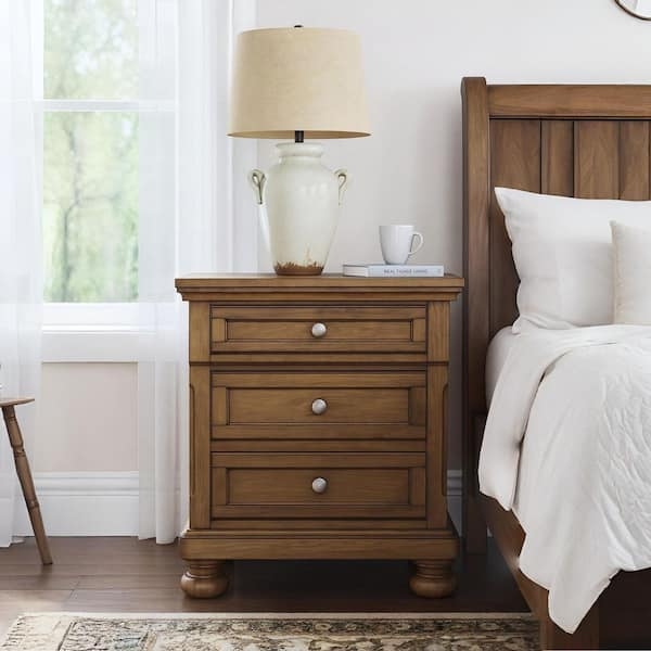 Nightstand Brown Transitional Open Lower Shelf Metal Bar Pulls