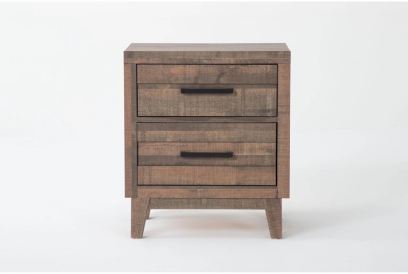 Nightstand Brown Wood Tone Metal Pulls Mid-Century Modern Style