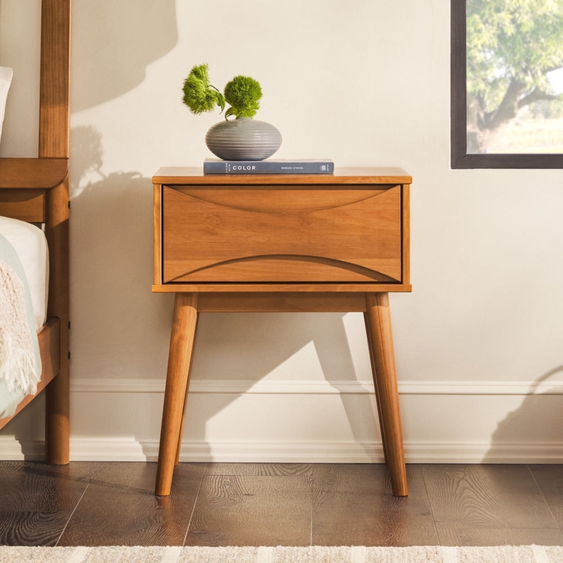 Nightstand Caramel Finish Mid-Century Open Shelf Tapered Legs