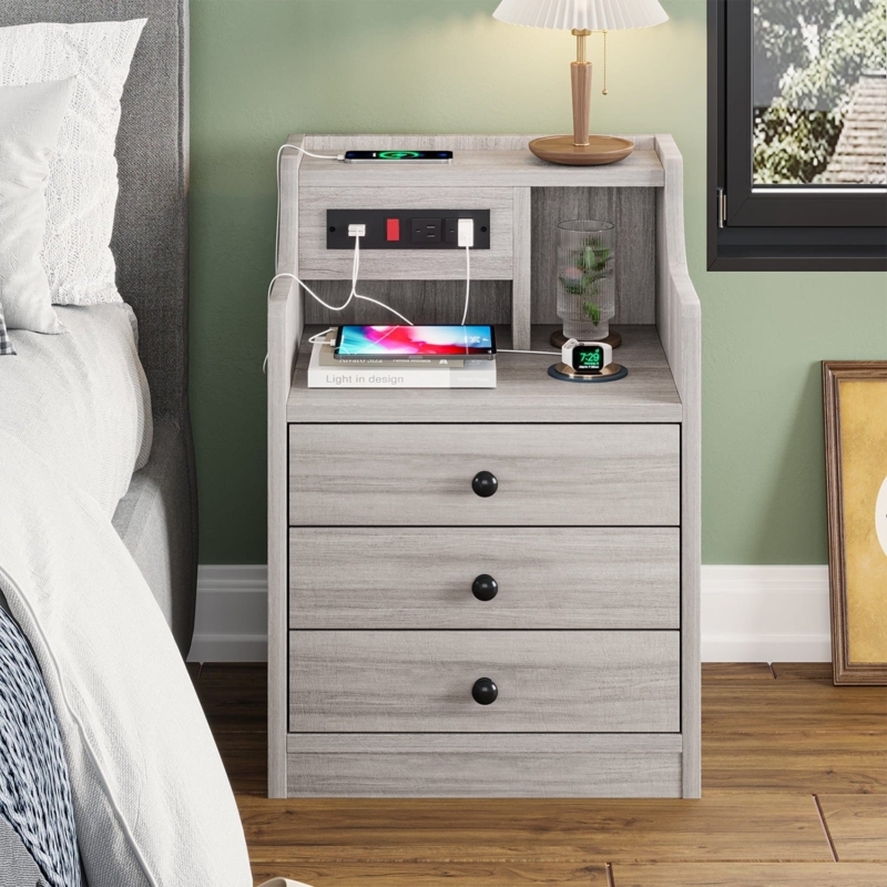 Nightstand Charcoal Grey Hutch Shelf Integrated Charging Modern Storage