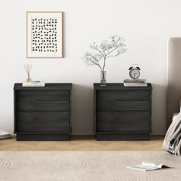 Nightstand Charcoal Grey Recessed Handles Minimalist Handleless Design