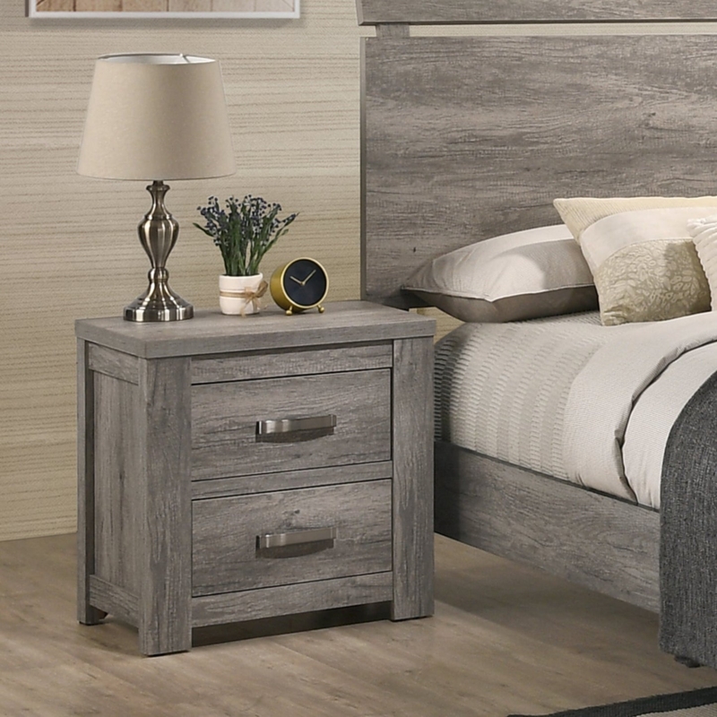 Nightstand Contemporary Weathered Gray Two Drawer Bar Pulls
