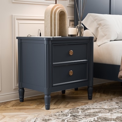 Nightstand Dark Espresso Finish Silver Hardware Two Drawers