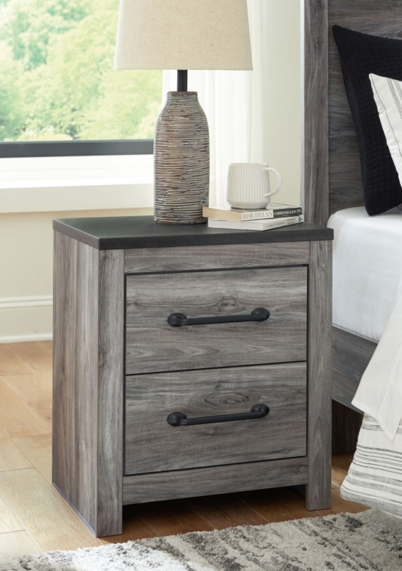Nightstand Dark Gray Wood Grain Slim Black Hardware Two Drawers