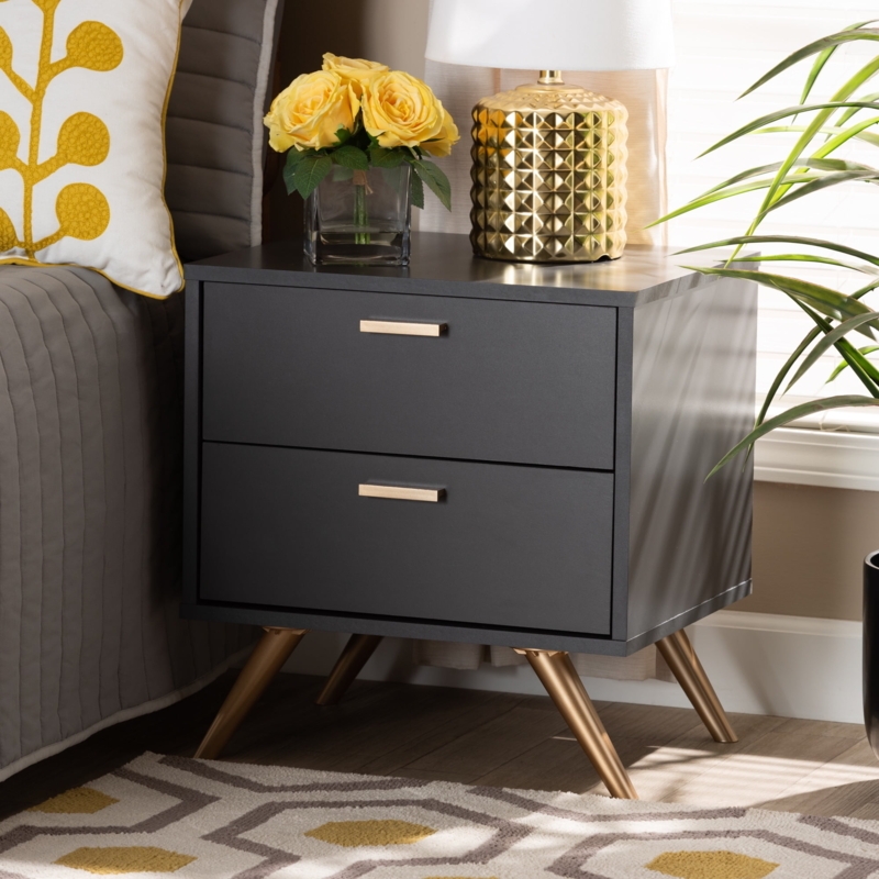 Nightstand Dark Grey Gold Accents Tapered Legs Mid-Century Modern