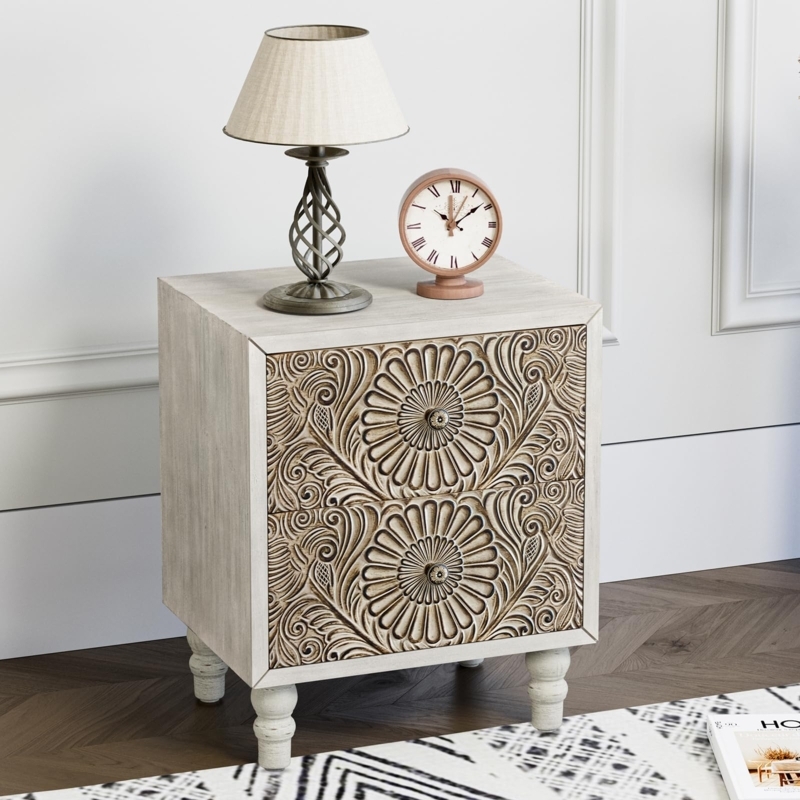 Nightstand Distressed White Carved Mandala Pattern Boho Farmhouse Style