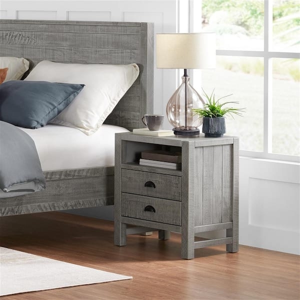 Nightstand Driftwood Gray Open Top Shelf Two Drawers Distressed