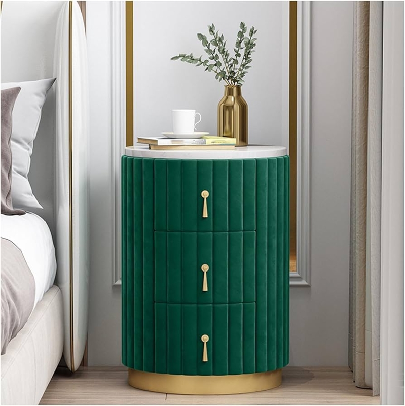 Nightstand Emerald Green Velvet Cylindrical Form Marble Top Gold Accents