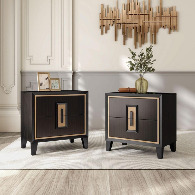Nightstand Espresso 2-Drawer Gold Trim Recessed Base Glam Storage
