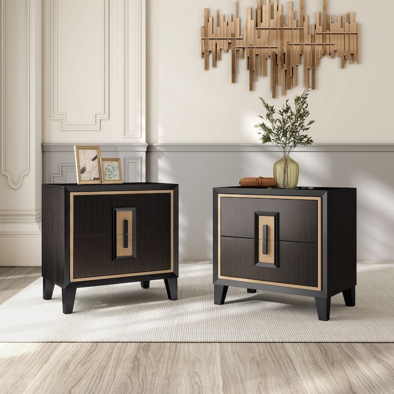 Nightstand Espresso Two Drawer Minimalist Silver Hardware Storage