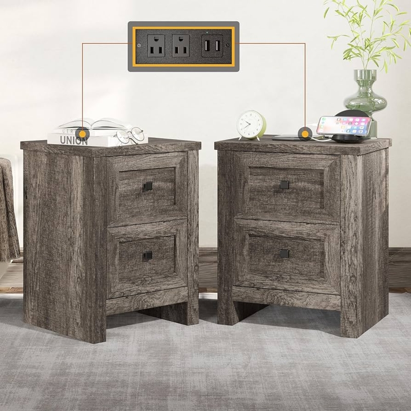 Nightstand Farmhouse Rustic Grey X-Brace Sides Charging Station