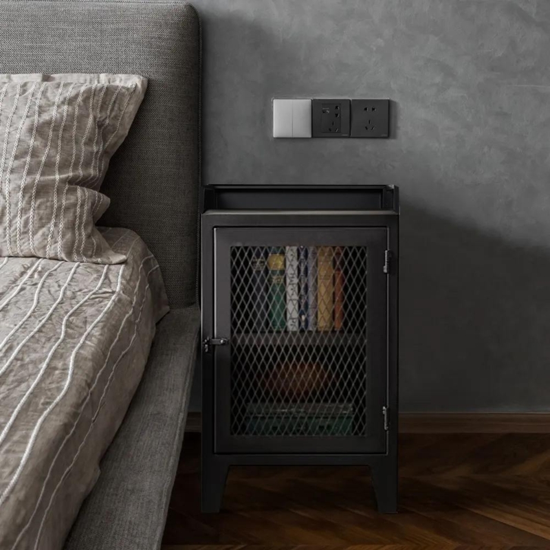 Nightstand featuring Cabinet Door and Open Shelf with Metal Frame