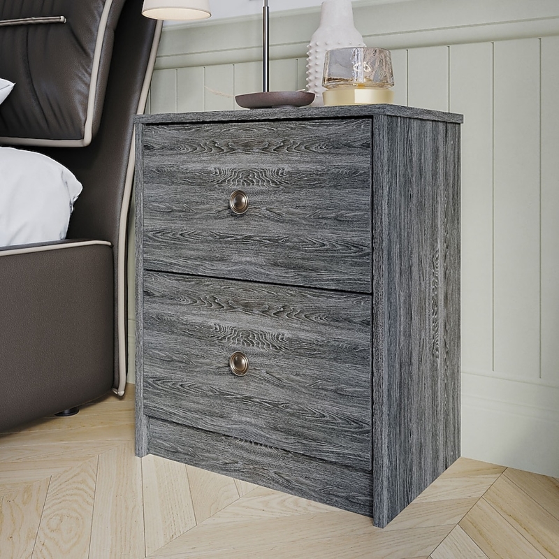 Nightstand Flat Front Drawers Recessed Base Silver Knobs Minimalist