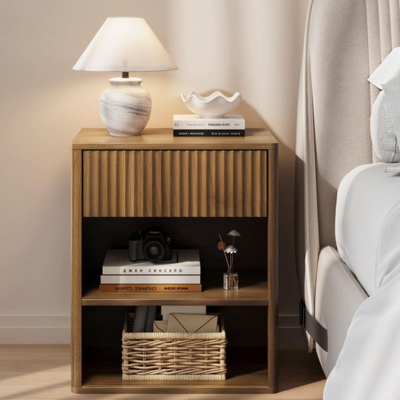Nightstand Fluted Drawer Espresso Open Shelf Mid Century Cubby