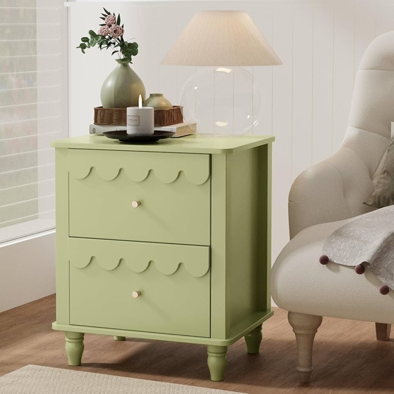 Nightstand Forest Green Petal Pattern Drawers Scalloped Trim Gold
