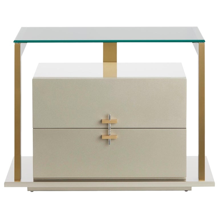 Nightstand Glass Top Brushed Brass Open Frame Suspended Drawer