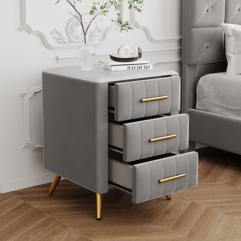 Nightstand Gray Velvet Upholstered Marble Worktop Gold Knobs Three Drawers