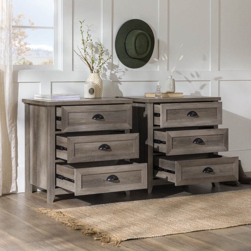 Nightstand Gray Wash Farmhouse Style Metal Pulls Three Drawers