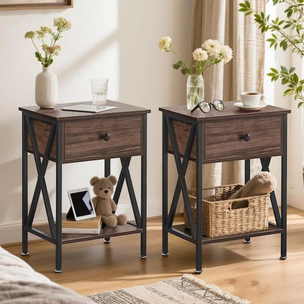 Nightstand Gray X Design Sides Open Lower Shelf Retro Finish