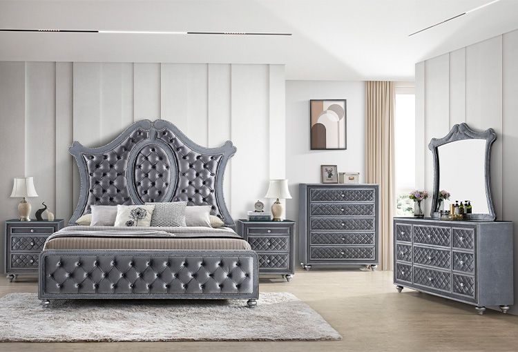 Nightstand Grey Upholstered Frame Modern Silver Bar Pulls Two Drawers