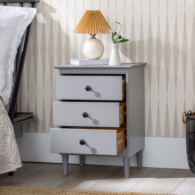 Nightstand Grey Wood Finish Integrated Pulls Three Drawers