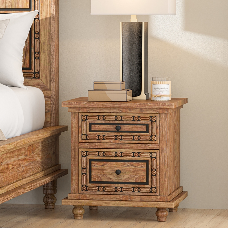 Nightstand Hand Carved Wood Floral Relief Two Drawer Bohemian Storage