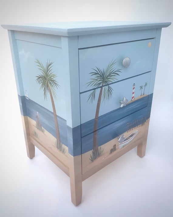 Nightstand Hand Painted Beach Scene Palm Tree Motif Tropical End Table