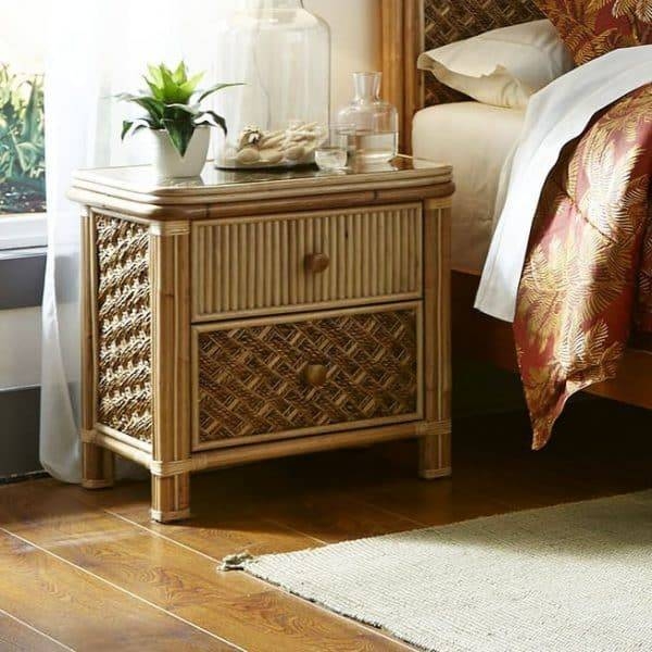 Nightstand Honey Brown Rattan Braided Trim Tropical Bedroom Furniture