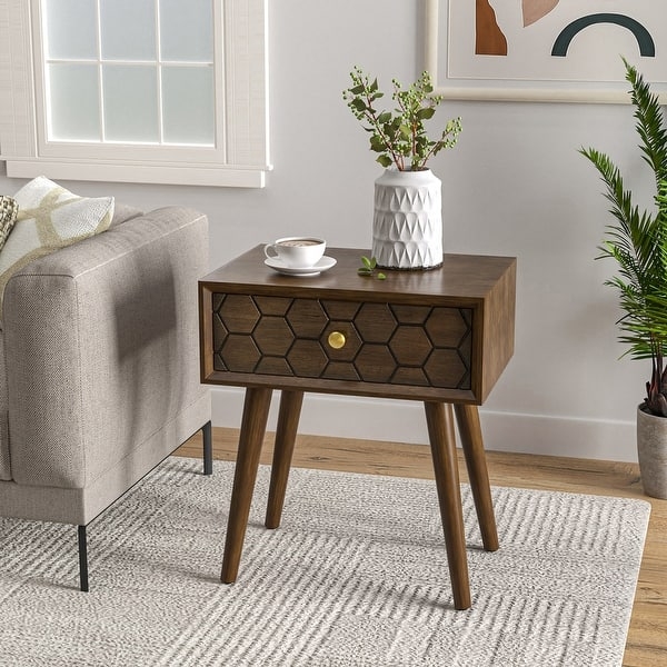 Nightstand Honeycomb Pattern Mid-Century Wood Splayed Legs