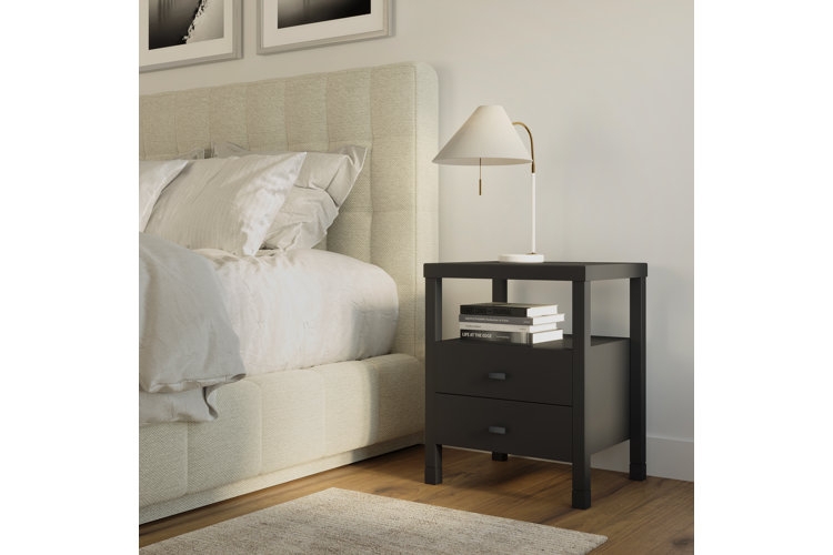 Nightstand in Black Matte Finish with Gold Hardware, Two Drawers