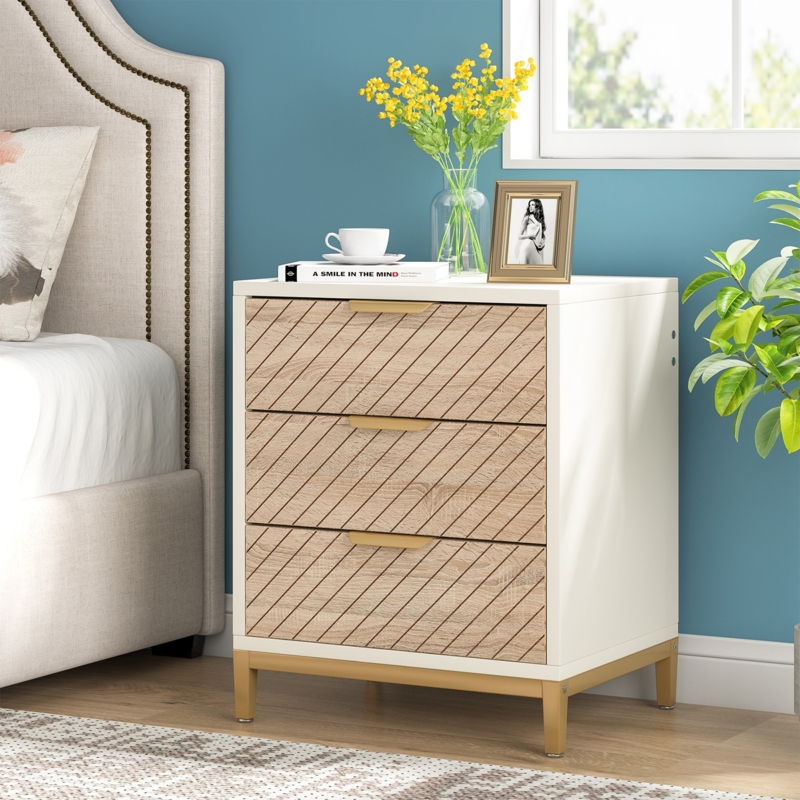Nightstand in Blonde Wood Grain featuring Gold Knobs and Open Shelf