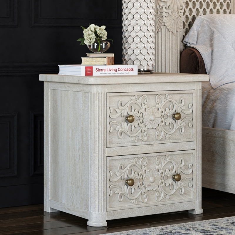 Nightstand in Dark Espresso with Hand-Carved Floral Fronts and Ring Pulls