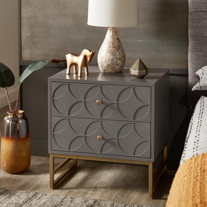 Nightstand in Grey with Arched Diamond Pattern and Gold Cross Legs