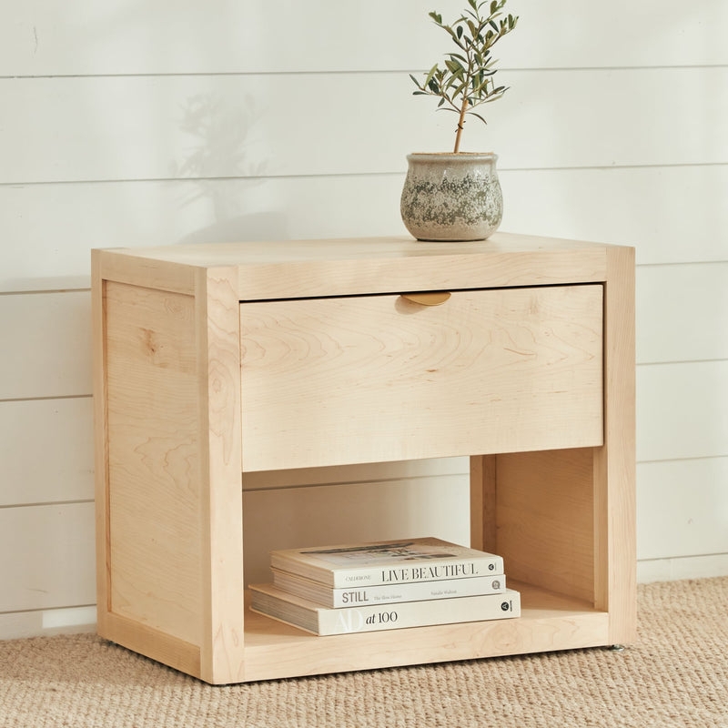 Nightstand in Maple Wood with Wooden Knob, Open Shelf