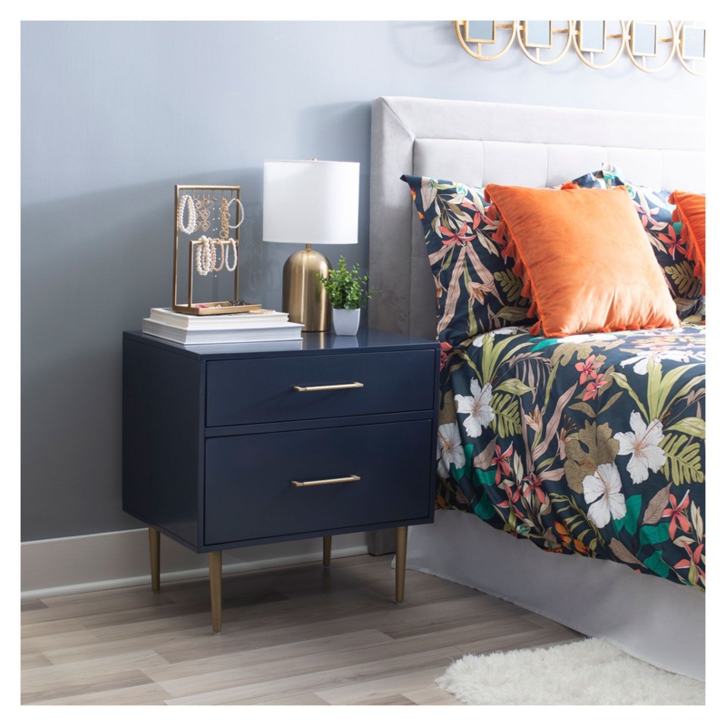 Nightstand in Navy Blue with Gold Geometric Metal Legs Base