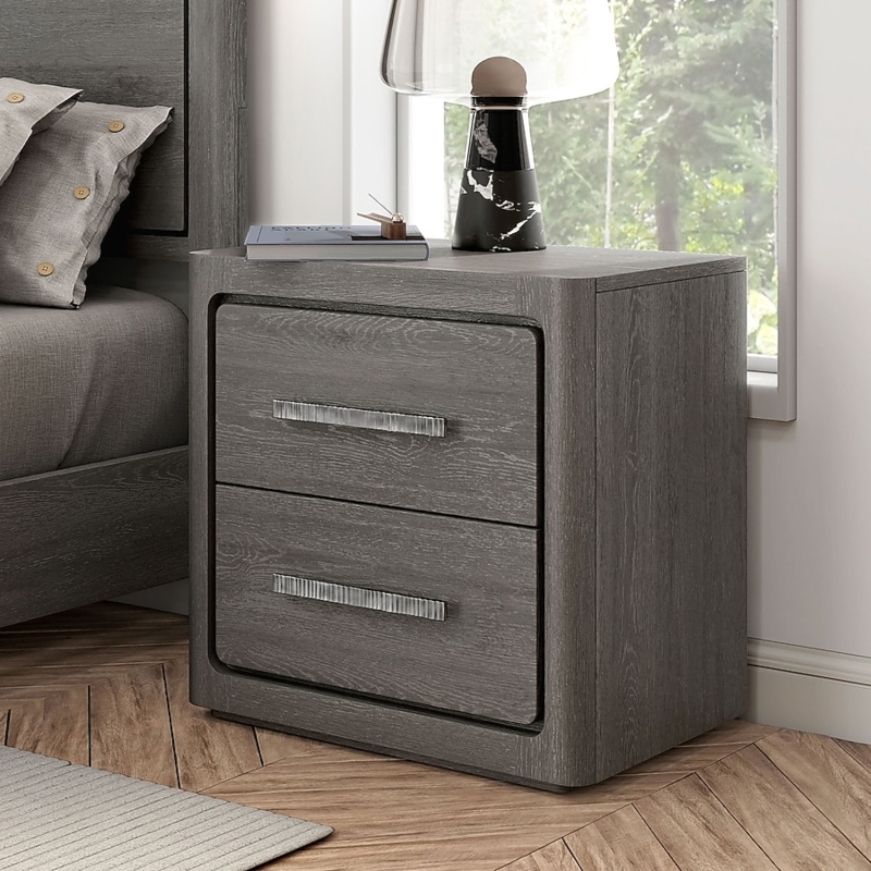 Nightstand Industrial Sled Base Bar Pulls Two Drawers Wood Finish